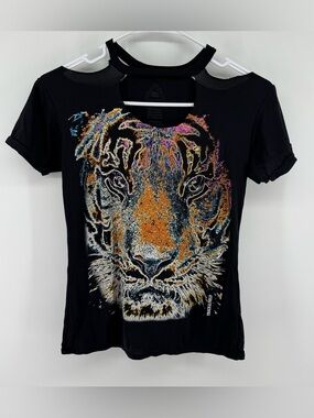 Track & Field Tiger Graphic Tee Women's Medium Black Cutout Shoulder Print Shirt